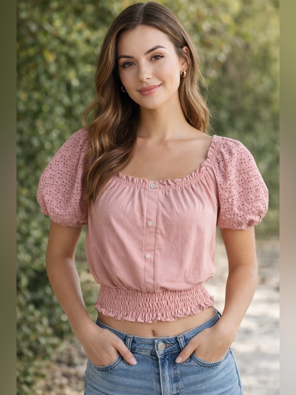 Ivy Ridge Short Sleeve Crop Top Shirt Sz S Eyelet Sleeves Smocked Waist